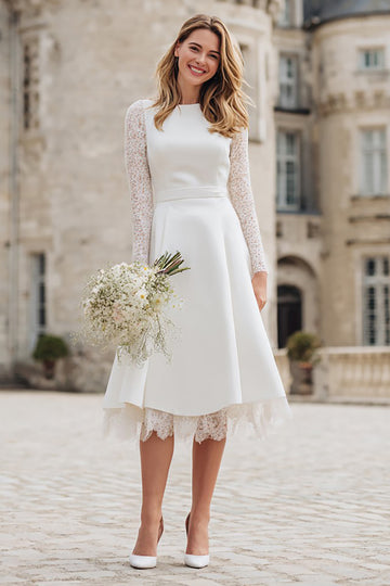 Satin Long Sleeve A Line Ivory Lace Engagement Dress